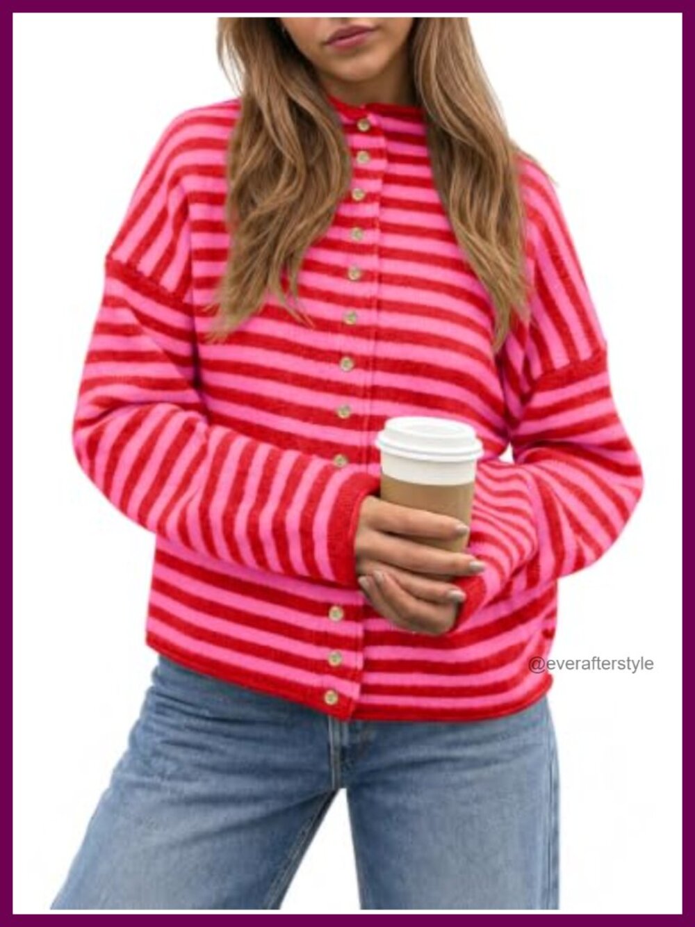Womens Striped Cardigan Sweater Mock Neck Button Down Loose Knit Fall Winter